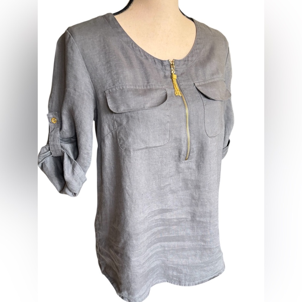 Ellen Tracy-Linen blouse. Size small. Gray with gold tassel/zipper. Gorgeous EUC - Picture 11 of 15